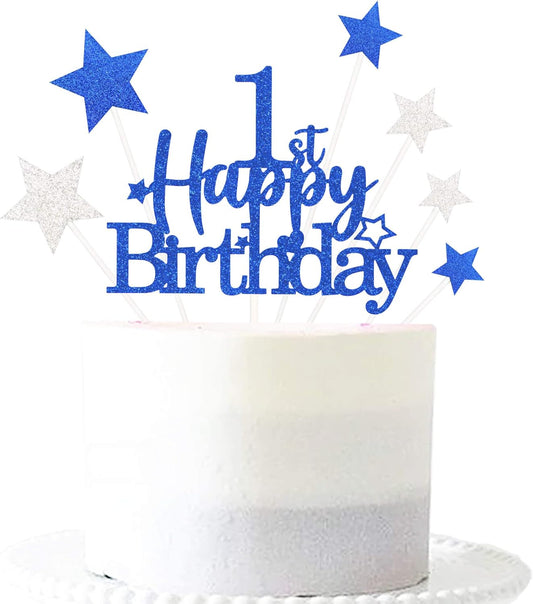 Glittery 1st Happy Birthday Cake Topper with Star,Personalised 1 Birthday Cake Toppers Party Decorations Party Supplies for Baby Boys Girls Blue