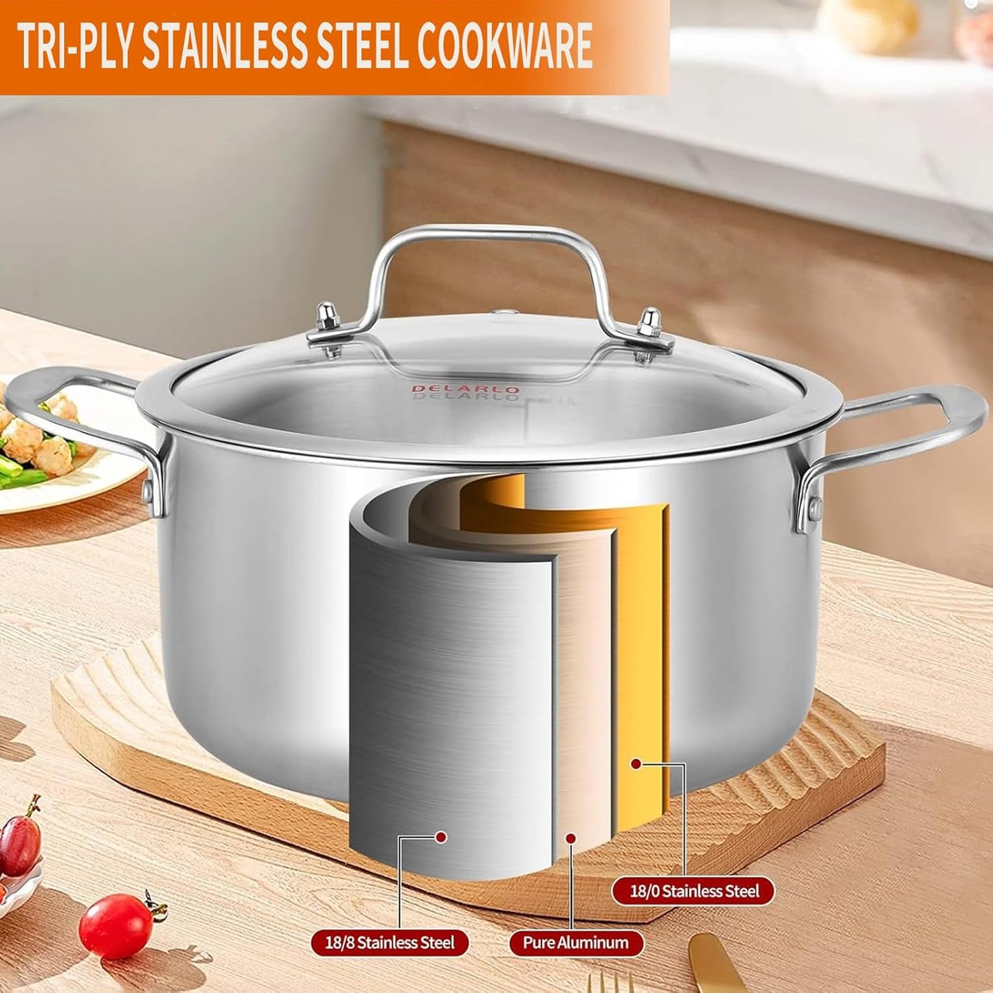 DELARLO Tri-Ply Stainless Steel Stock Pot, 5 Quart Stockpot with Lid, All Stoves Safe Up to 600℉, Saving Fuel 20%, Heavy Duty, Soup Pot with lid, Kitchen Essentials, Fast Even Heat