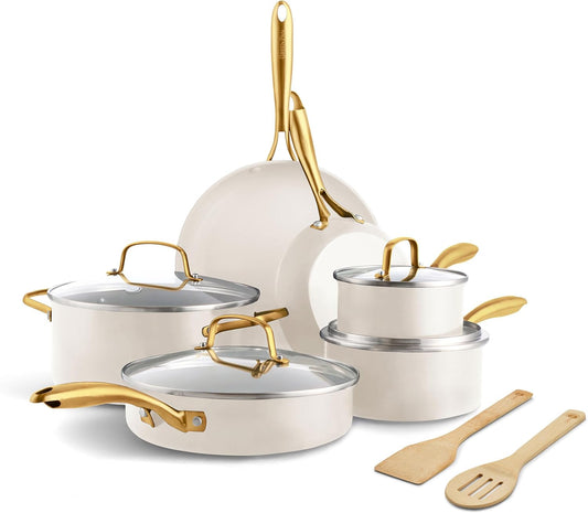 GreenPan 12 Piece Nonstick Swift Cookware Set, Ceramic PFAS-Free Pots & Pans with Lids, Dishwasher & Oven/Broiler Safe to 600F, Kitchen Cooking Set, Sauce, Saute, Stock, Frying Pans, Cream