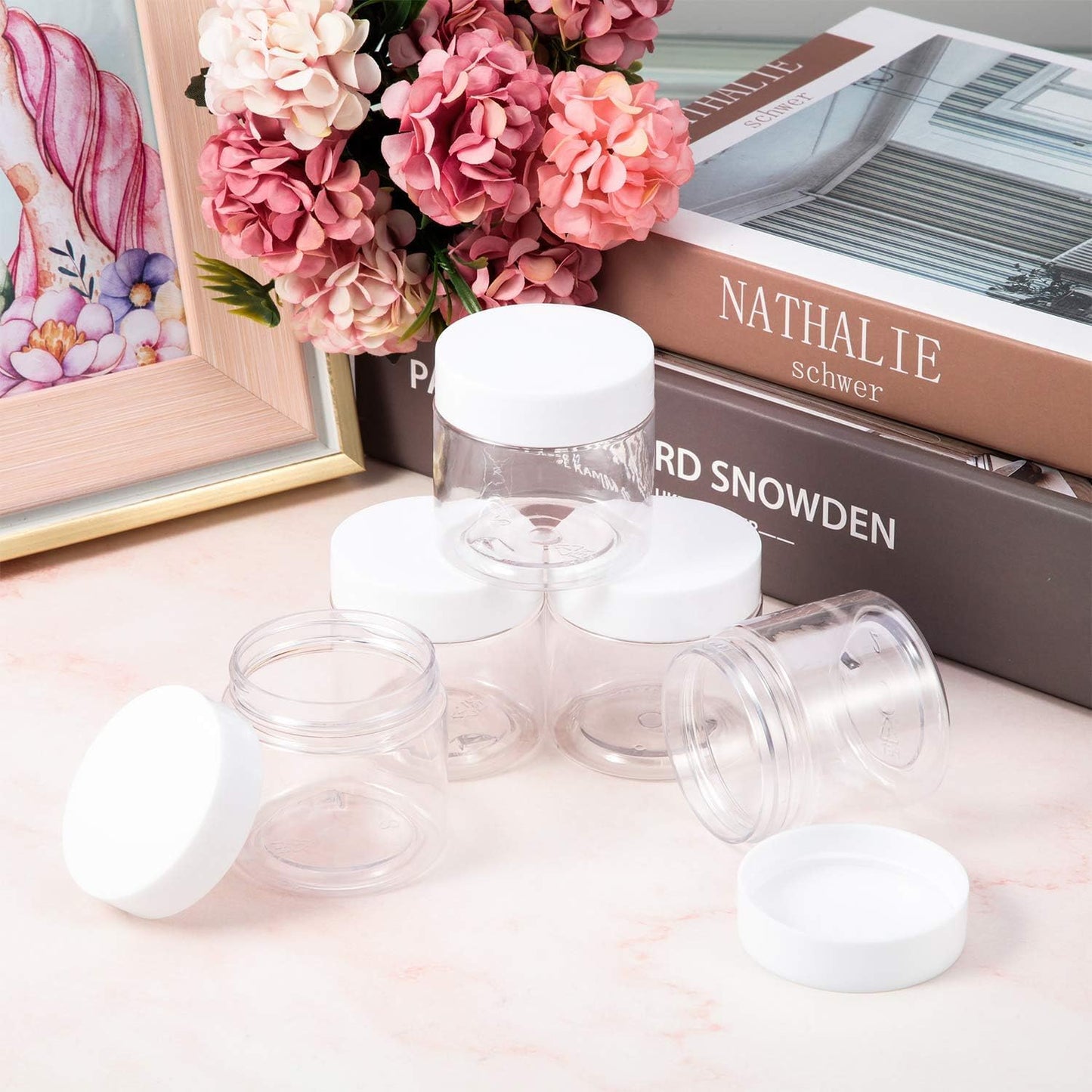 SATINIOR 6 Pack 5 Oz Plastic Jars Containers with Lids Wide-mouth Refillable Leakproof Reusable Round Empty Jars for Travel Cosmetic Dry Food Spice Candy Cookie Home Kitchen Organizing (White)