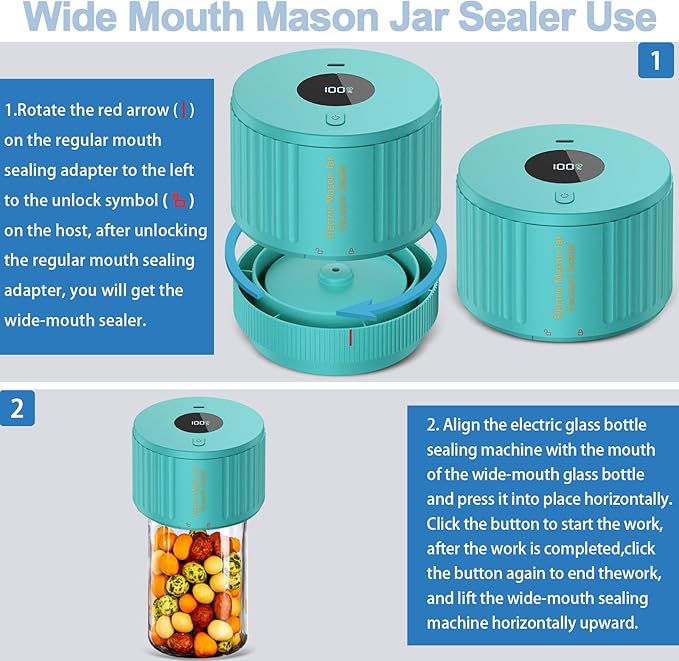 Electric Mason Jar Vacuum Sealer Kit for Wide Mouth and Regular Mouth Mason Jar - Green