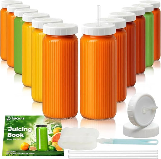 Ruckae 16oz Juice Bottles,Ribbed Glass Juicing Bottles with Lids,Smoothie Cup Lids and Straws,Water Bottle Mason Jar Drinking Glasses for Juicing,Smoothies,Kombucha (Clear-12 pack)