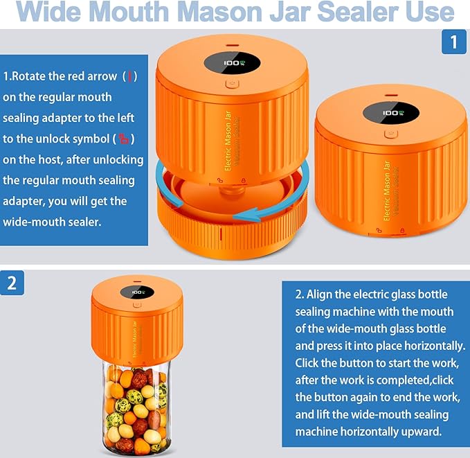 Electric Mason Jar Vacuum Sealer Kit for Wide Mouth and Regular Mouth Mason Jar - Orange