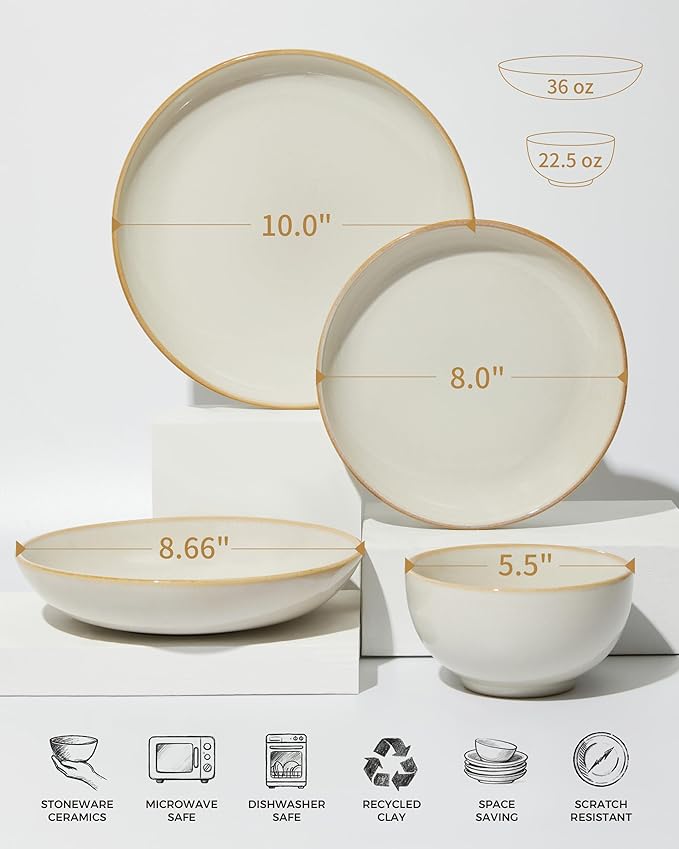 16 Piece Double Bowl Dinnerware Sets with Pasta Bowls, Highly Chip and Crack Resistant Plates and Bowls Sets, Natural Earthyware Ceramic Dishware Sets, Service for 4 Yellow White