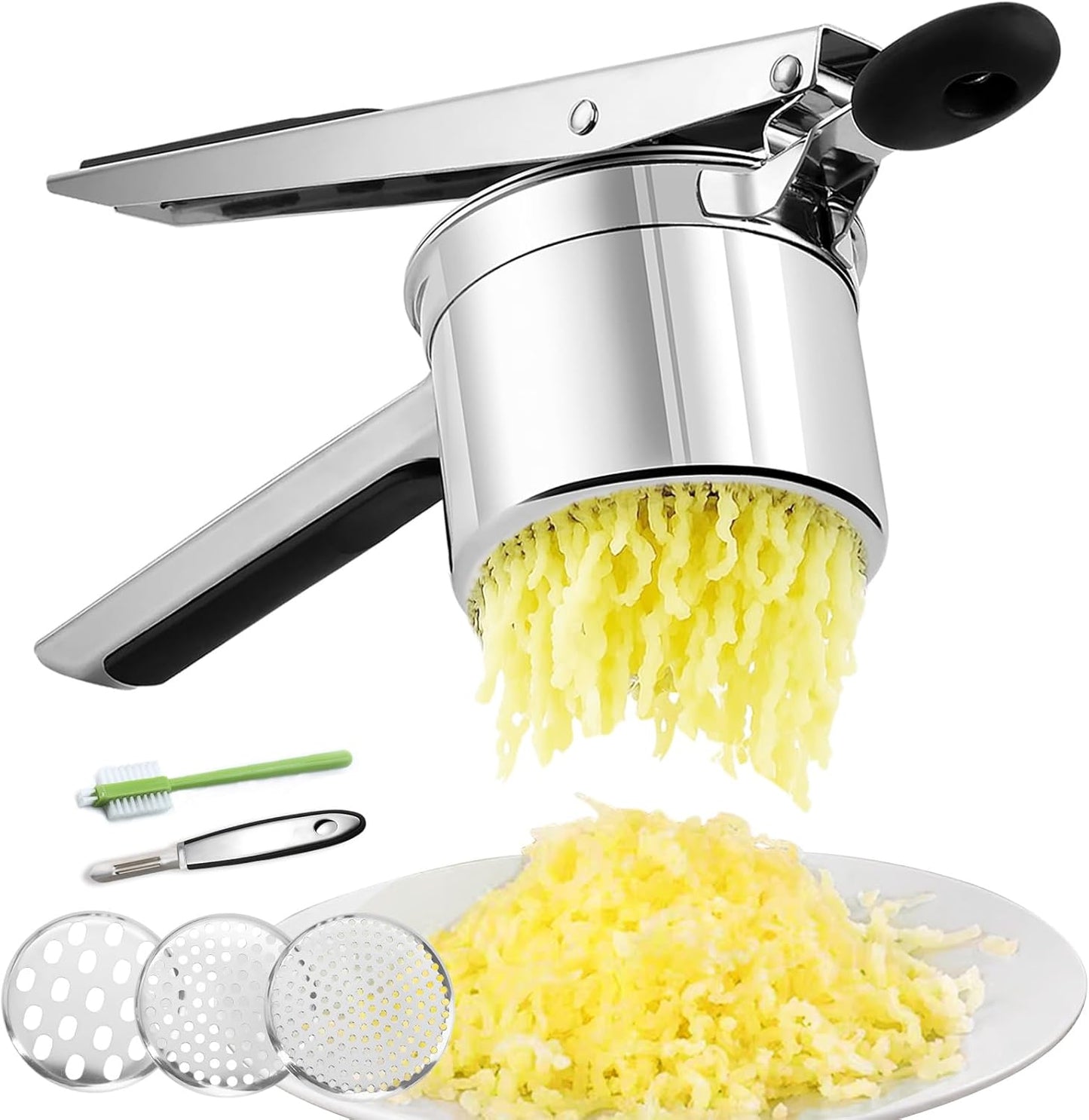 Potato Ricer 15oz, Heavy Duty Stainless Steel Potato Masher with 3 Interchangeable Discs, Large Masher and Ricer Kitchen Tool for Mashed Potatoes, Spaetzle Noodle Maker, Potato Press