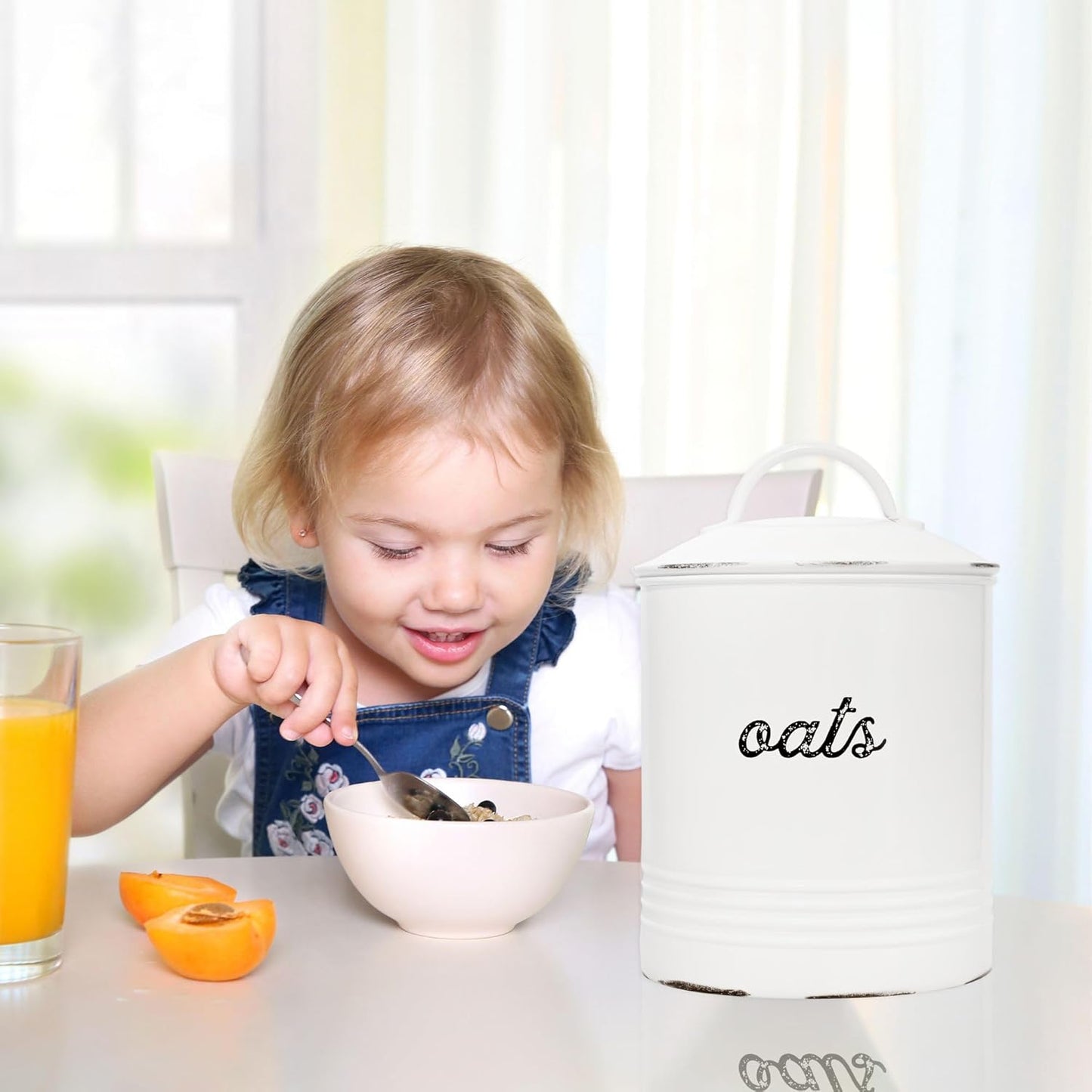 AuldHome Design Farmhouse Enamelware Oatmeal Canister (White); Rustic Distressed Style Oats Storage for Kitchen
