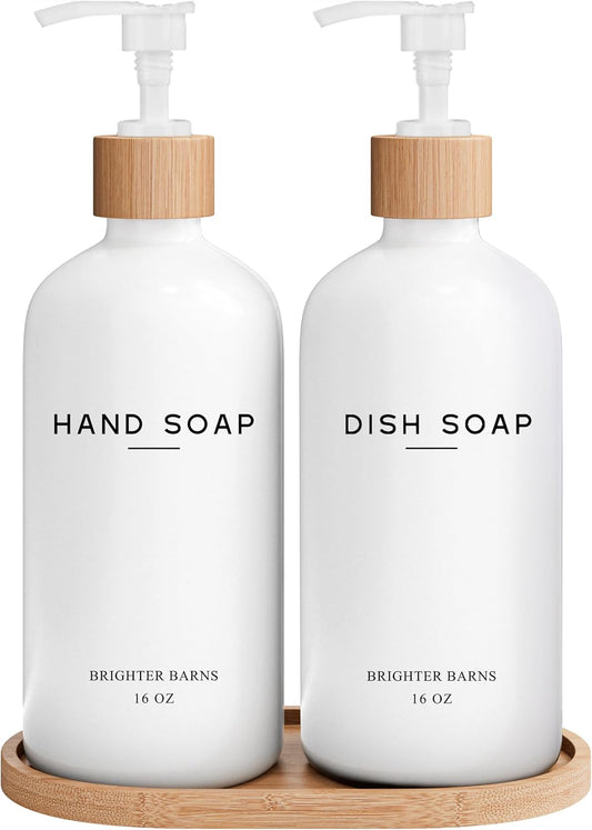 White Glass Hand and Dish Soap Dispenser Set by Brighter Barns - Kitchen Soap Dispenser Set with Tray - Glass Bottles for Kitchen Sink - Housewarming Gift, Countertop Decor, Boho Home Decor (White)