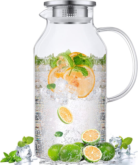 2.6 Liter 88 oz Glass Pitcher with Lid and Spout, Glass Water Carafe for Hot/Cold Water, Iced Tea Pitcher, Large Pitcher for Coffee, Juice and Homemade Beverage