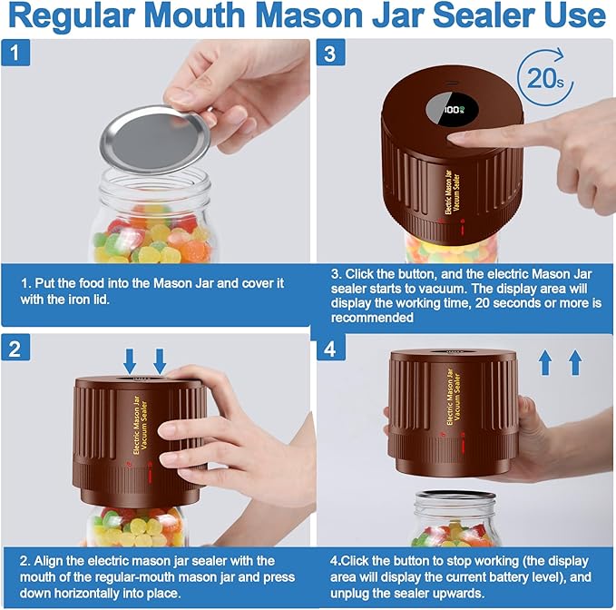 Electric Mason Jar Vacuum Sealer Kit for Wide Mouth and Regular Mouth Mason Jar - Brown