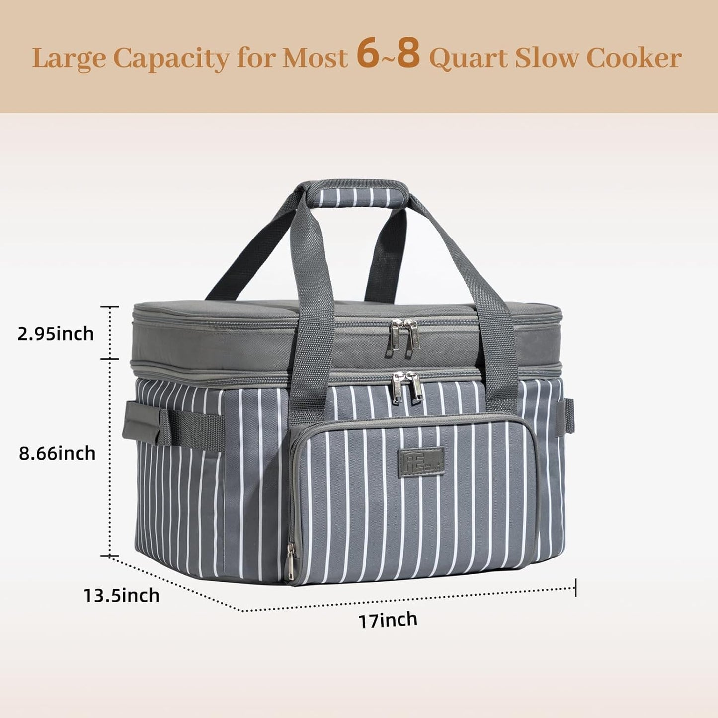 Fun Elements Double Layer Slow Cooker Carrier Bag for 6-8 Quart Oval Crock-Pot, Insulated Crock Pot Travel Bag with Support Pad and Adjustable Straps, Top Zip Compartment and Front Pocket for Utensils