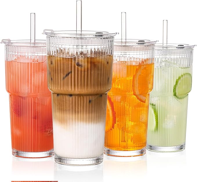 GOSCHE 20oz Glass Tumblers with Straws and Lids, Ribbed Iced Coffee Cups Leak-proof, Dishwasher Safe, Thickened Glass Cups with Lids Ideal for Coffee and Travel, Clear, 4 Pack