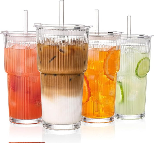 GOSCHE 20oz Glass Tumblers with Straws and Lids, Ribbed Iced Coffee Cups Leak-proof, Dishwasher Safe, Thickened Glass Cups with Lids Ideal for Coffee and Travel, Clear, 4 Pack