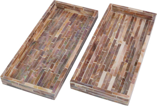 PEMAR Set of 2 Mother of Pearl Vanity Tray for Bathroom Counter, 11" Wooden Organisation Valet Tray for Perfume Makeup Bedroom Dresser Kitchen Sink Countertop Organizer, Toilet Tank (Brown Titles)