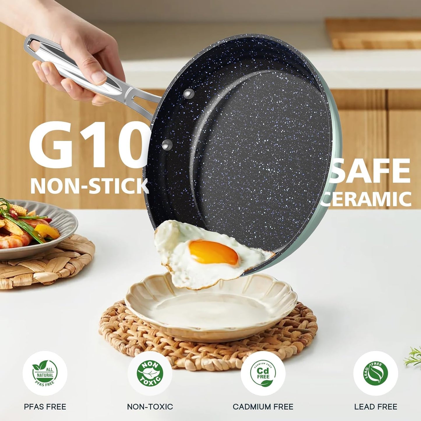 Nuwave 3-Piece Fry Pan Set, 8”, 10”, 12” Forged Lightweight, G10 Healthy Duralon Blue Ceramic Ultra Non-Stick, Induction-Ready & Works on All Cooktops, Ergonomic Stay-Cool Handles