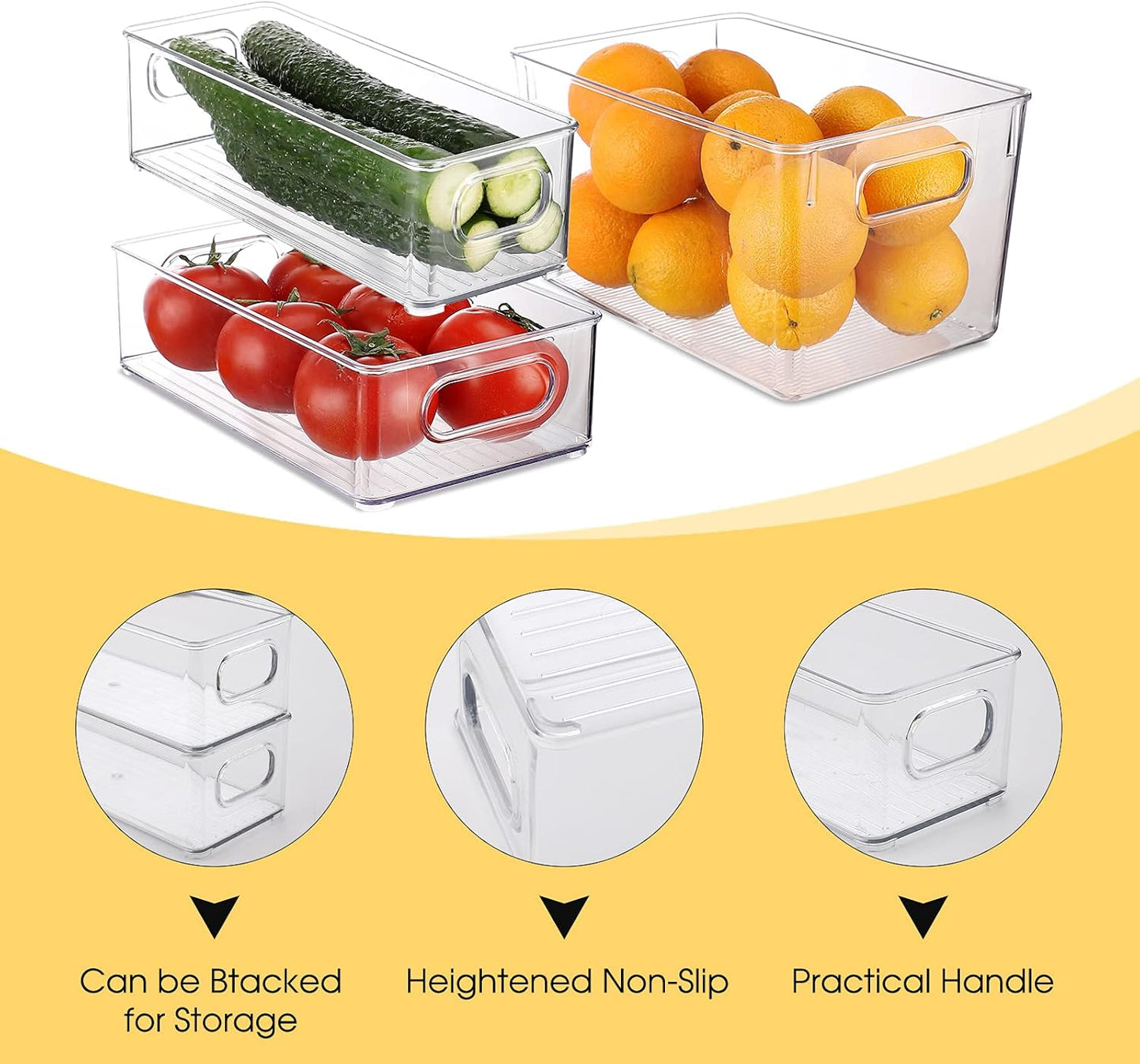 Set Of 6 Refrigerator Organizers and Storage,Stackable Large Clear Plastic Storage Bins with Handle,Freezer Organizer Bins,Perfect for Kitchen Cabinet Pantry Snack Containers,Closet Organization