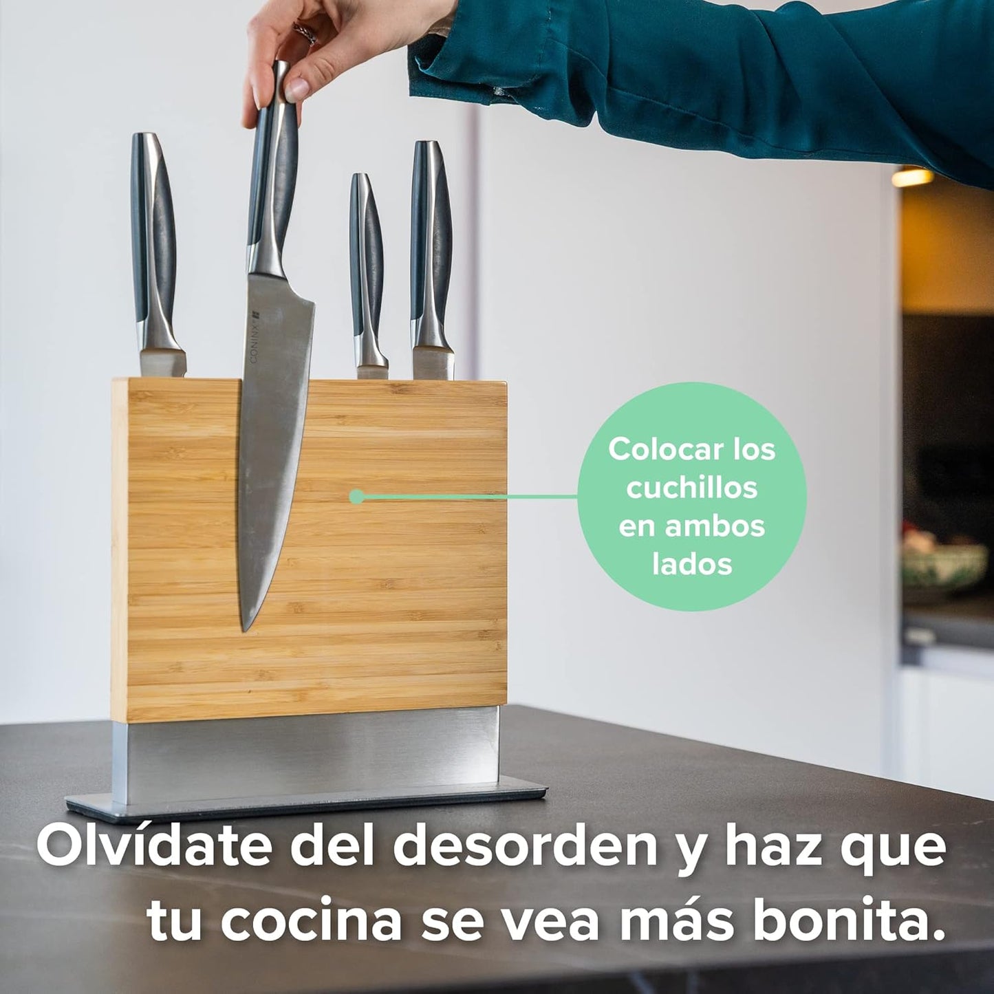 Coninx Magnetic Knife Holder with display stand, Double Sided Strong Magnetic Knife block for Kitchen counter top, Universal empty storage Organizer Block (Bamboo Wood)