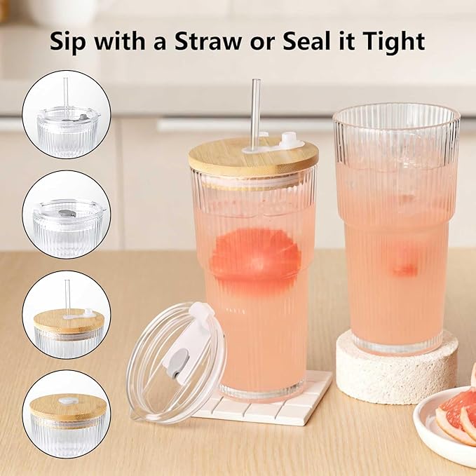 Ruckae 20oz Glass Bottles with Lids,Glass Cups with Lids and Straws,Water Bottle Drinking Glasses for Coffee,Smoothies,Tea,Juice (6, Transparent)
