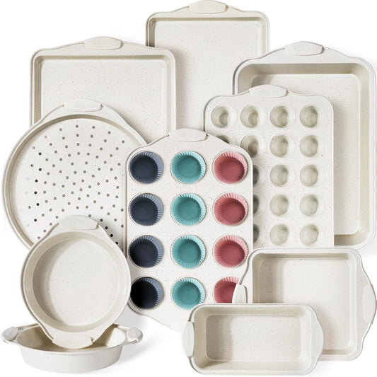 Kikcoin 22 PCS Nonstick Baking Pans Set, Stackable Bakeware Sets with Silicone Handles, 450°F Oven Safe Baking Sheet Set, Easy Release Cookie Sheets for Baking, Cream