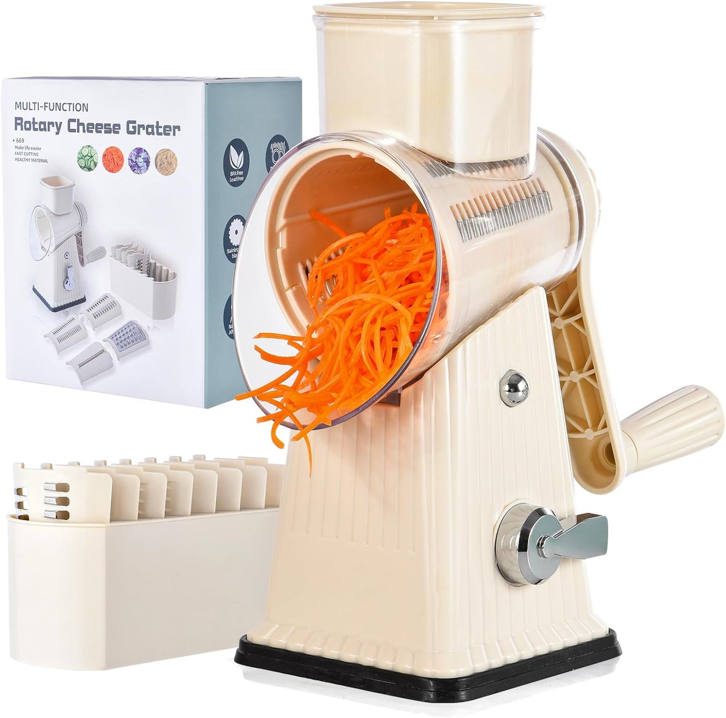 Xilrvna Rotary Cheese Grater, Vegetable Shredder 5 in 1 Cheese Grater with Handle edder Reinforced Suction,Easy to Clean,Kitchen Chopper for Crushed Ice,Fruits and Nuts with Blade Storage Case（white）