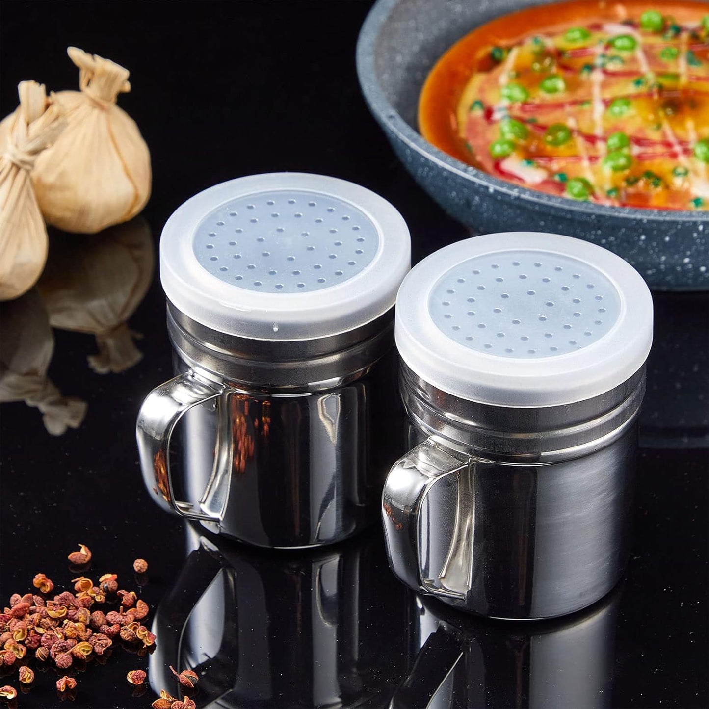 Lallisa 12 Pcs 10 oz Stainless Steel Spice Shakers with Holes and Lids Dredge Shakers with Handle Versatile Salt Shaker for Sugar Pepper Seasoning Flour Popcorn Cinnamon Powder Container Accessories