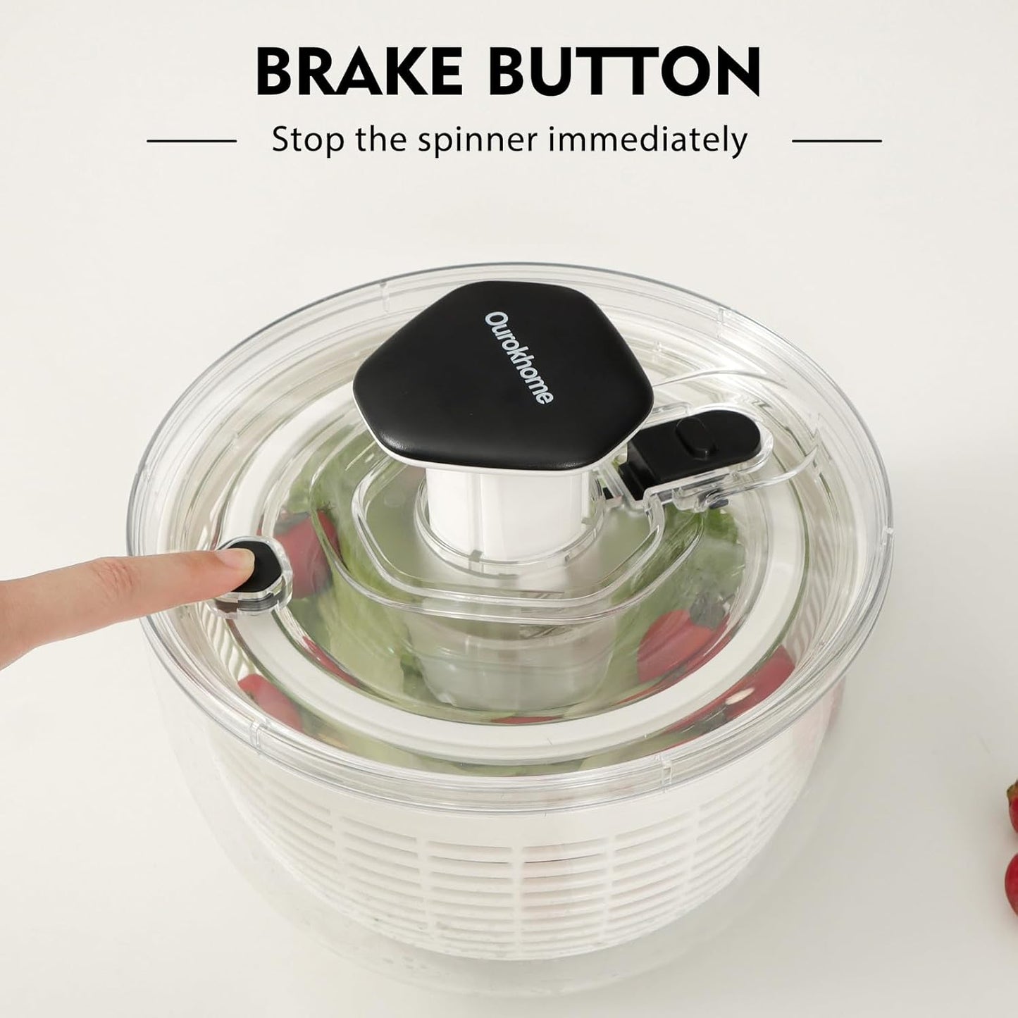 Ourokhome Salad Spinner Lettuce Dryer, One-handed Easy Press Large Vegetable Dryer Salad Mixer with Comfortable and Retractable Pusher and Brake Button for Greens, Herb, Berry, Fruits, 3.8 QT, Black