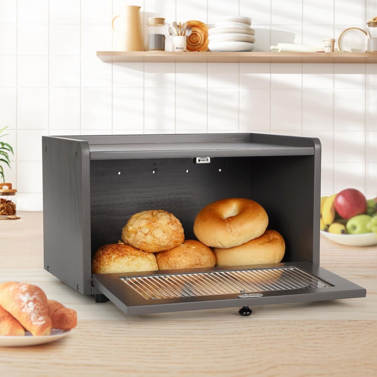 Sunhoo Bread Box for Kitchen Countertop Storage Wooden Breadbox Holder Container Morden Rustic Fresh Bread Keeper Farmhouse Stackable Organizer Bin for Homemade Food Shelf Acrylic Window (Grey)