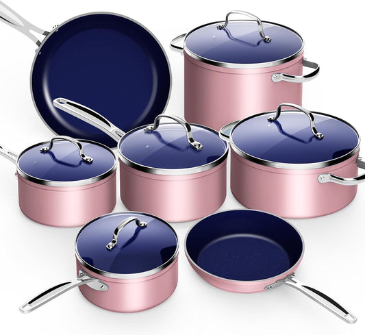 Nuwave 12pc Forged Lightweight Cookware Set, G10 Healthy Duralon Ceramic Ultra Non-Stick Coating, Vented Tempered Glass Lids, Stay-Cool Handles, Induction-Ready & Works on All Cooktops, PFAS Free