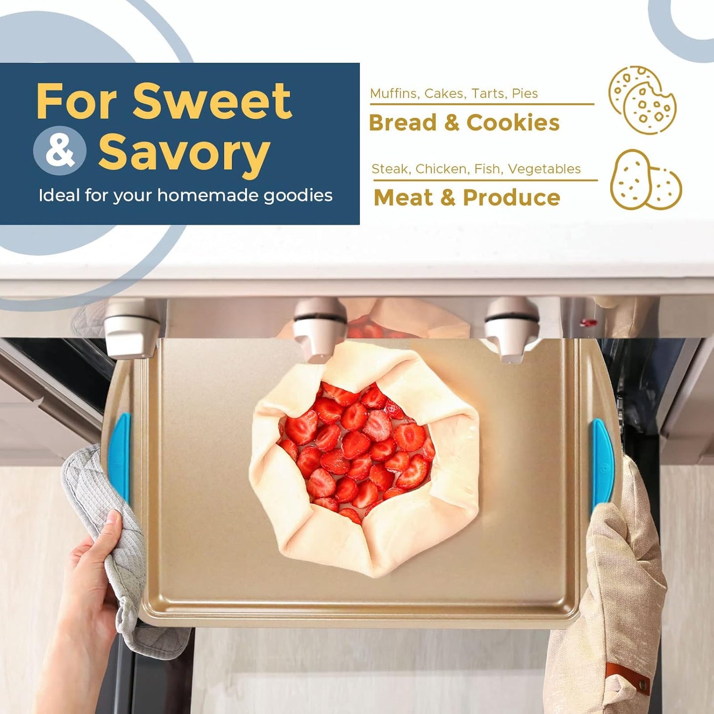 Perlli Cookie Sheet Baking Pan 2 Piece Set, 9x13" Gold Nonstick Trays with Blue Silicone Hand Grips Oven Bakeware Pans Set, Premium Quality Carbon Steel Baking Tray Sheets