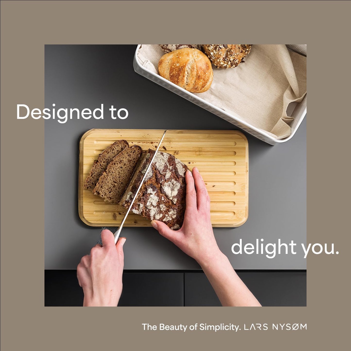 LARS NYSØM Bread Box I Metal Box with linen bag for long lasting freshness I Bread Bin with bamboo lid usable as cutting board I 13.4x7.3x5.3In (Almond Beige)