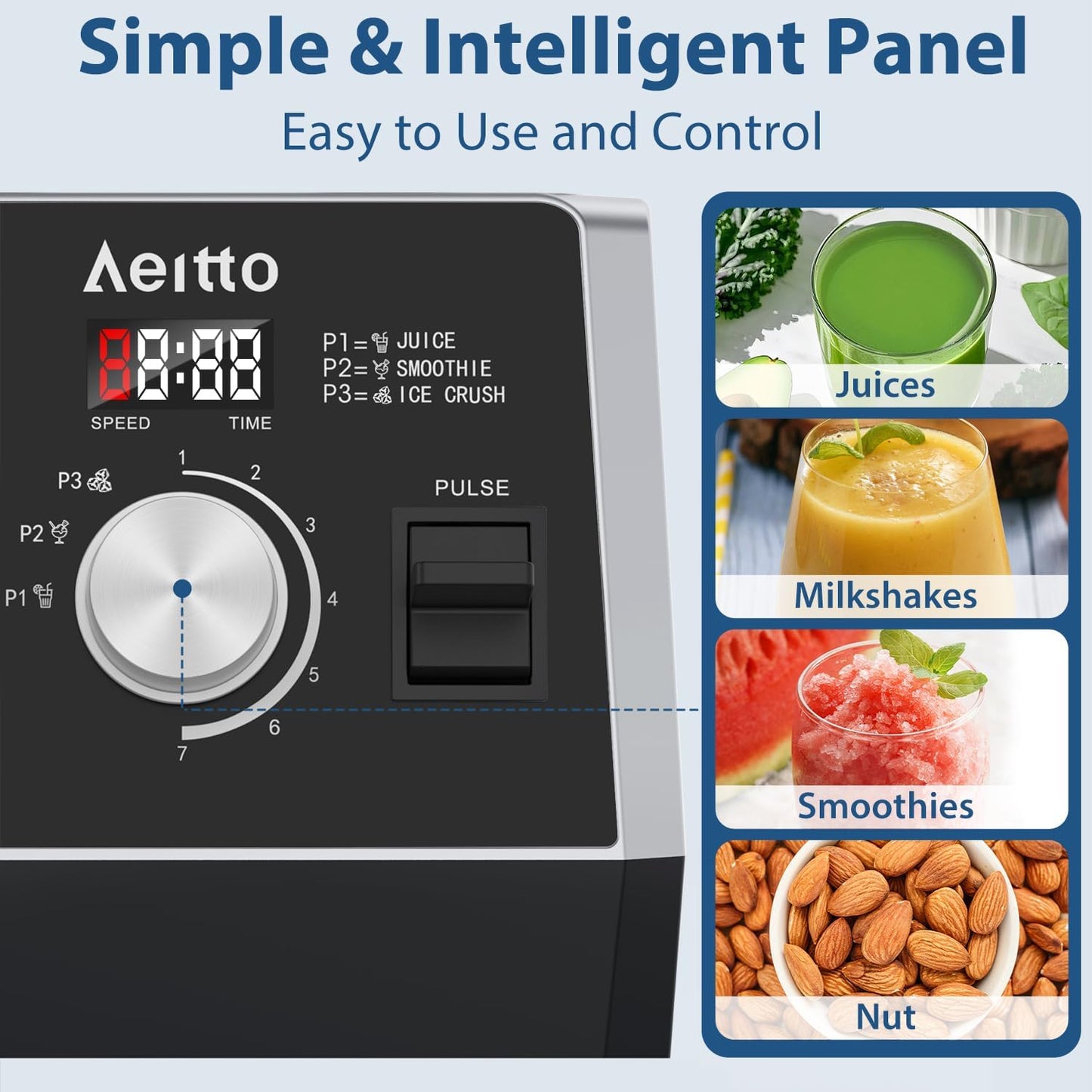 Aeitto Blenders for Kitchen with 68Oz. Large Capacity, 1800W Max Power Smoothie blender, 3 Preset Programs & 7 Speeds, Professional Countertop Blender for Smoothies, Ice Crush, Frozen Drinks, Black