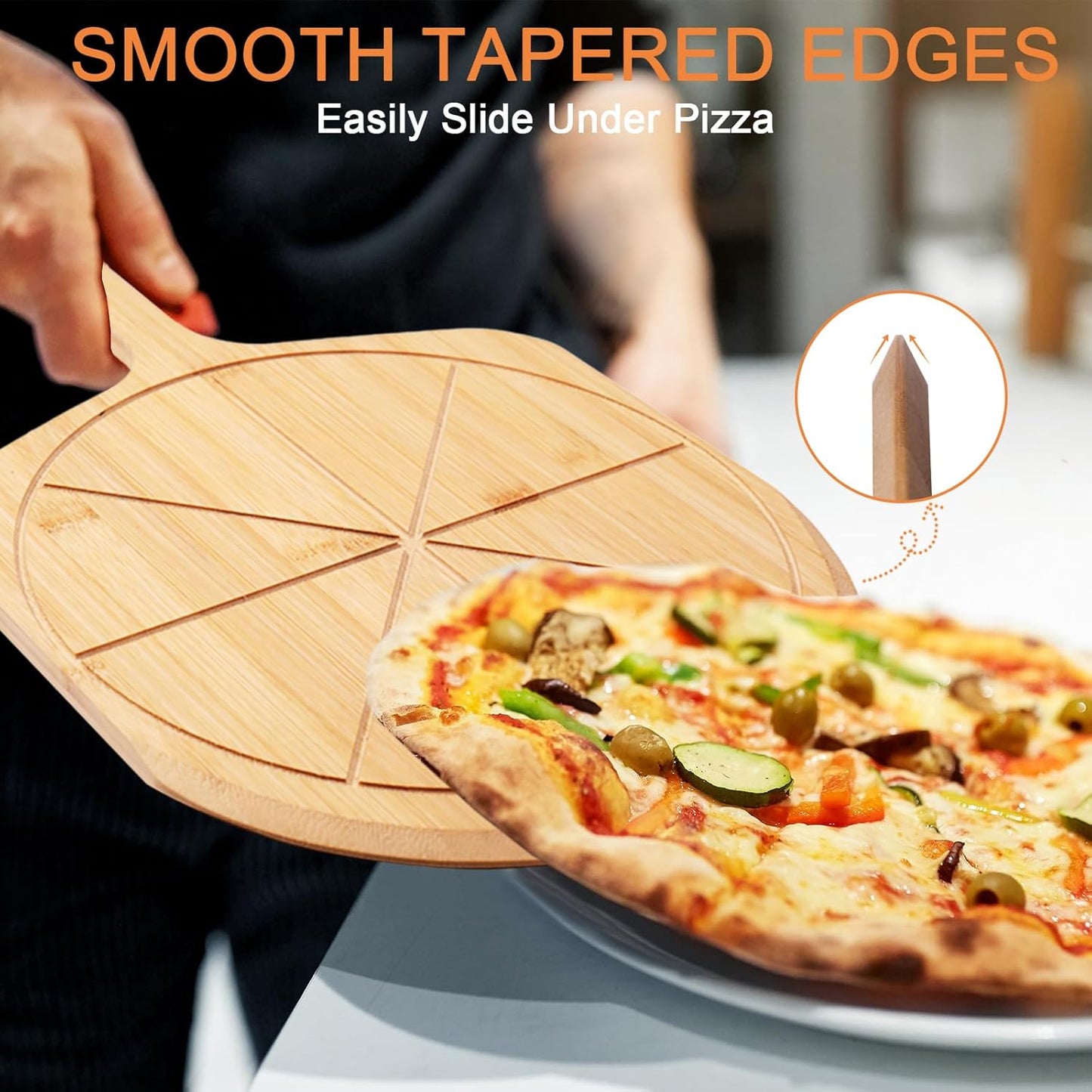 Bamboo Pizza Peel - 18.5"x12.2" with 12" Pizza Cutting Board, Pizza Paddle Spatula with 8 Slice Grooves, also fit for Cheese Bread Fruit Vegetables