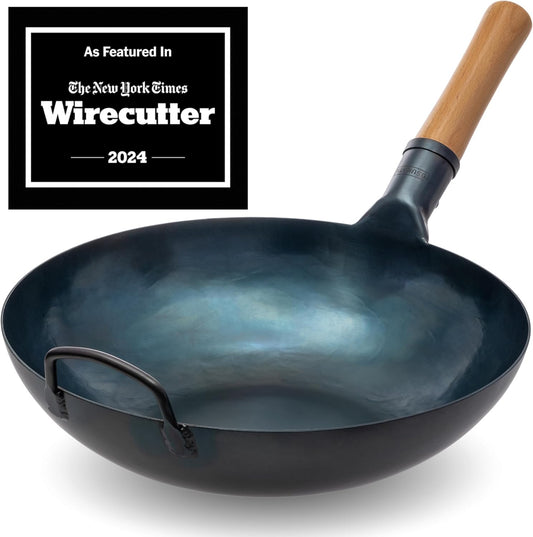 YOSUKATA 13.5” Blue Carbon Steel Wok Pan – Pre-Seasoned Flat Bottom Wok Compatible with open fire, gas, electric, ceramic, induction cooktops -Traditional Chinese Pan for Stir Fry, BBQ, Grill, Camping