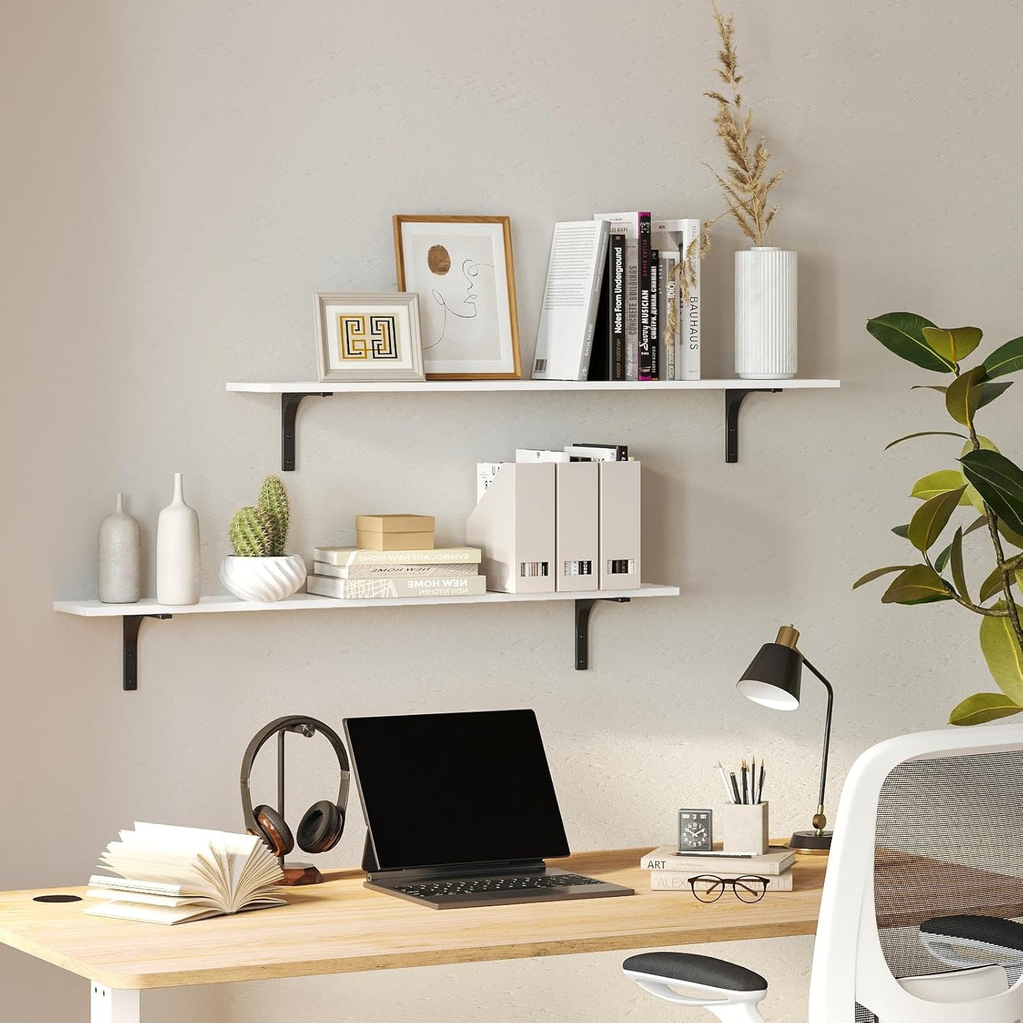 DINZI LVJ Long Wall Shelves, 47.3Inch Wall Mounted Shelves Set of 2, Extra Large Wall Storage Ledges with Sturdy Metal Brackets for Living Room, Bathroom, Bedroom, Kitchen, White