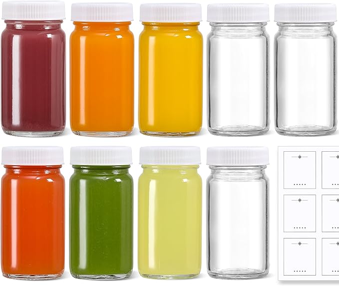 9 Pack 2 oz Glass Shot Bottles w/ White Lids & 9 Labels - Small Clear Jar for Ginger, Wellness Shot, Juice, Sample, Whiskey - Travel Essentials Mini Bottles - Wide Mouth, Leakproof, Dishwasher Safe
