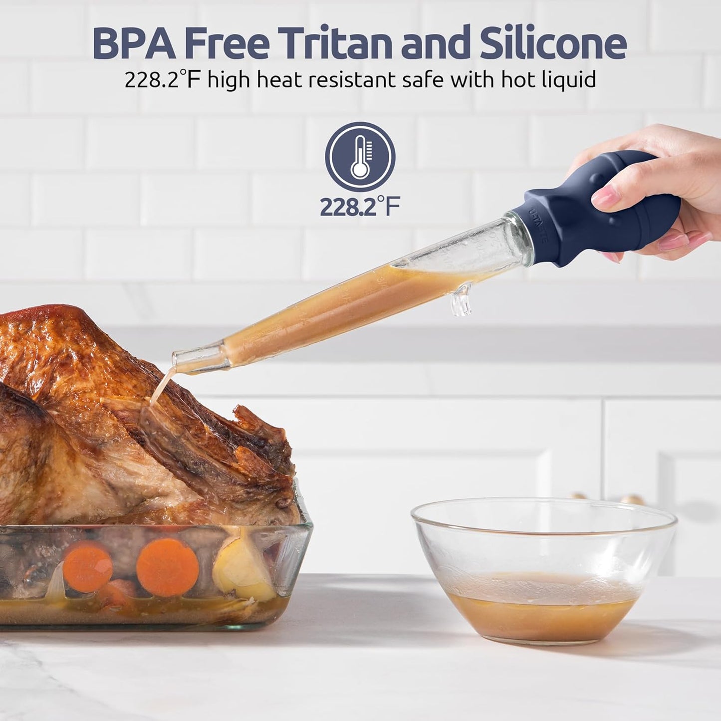U-Taste 1.5oz Angled Turkey Baster - 228.2ºF Heat Resistant Food Grade Tritan and Silicone Large Octopus Bulb Baster Set with Cleaning Brush for Cooking Basting Meat Poultry Chicken (Midnight Blue)