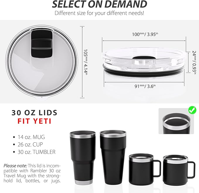 30 oz Tumbler Lid for YETI, 2 Pack Replacement Lids for YETI 30oz Tumbler, 14 oz Mug and 35 oz Straw Mug, Spill Proof Coffee Cup Covers with Magnetic Slider, Gift, BPA Free