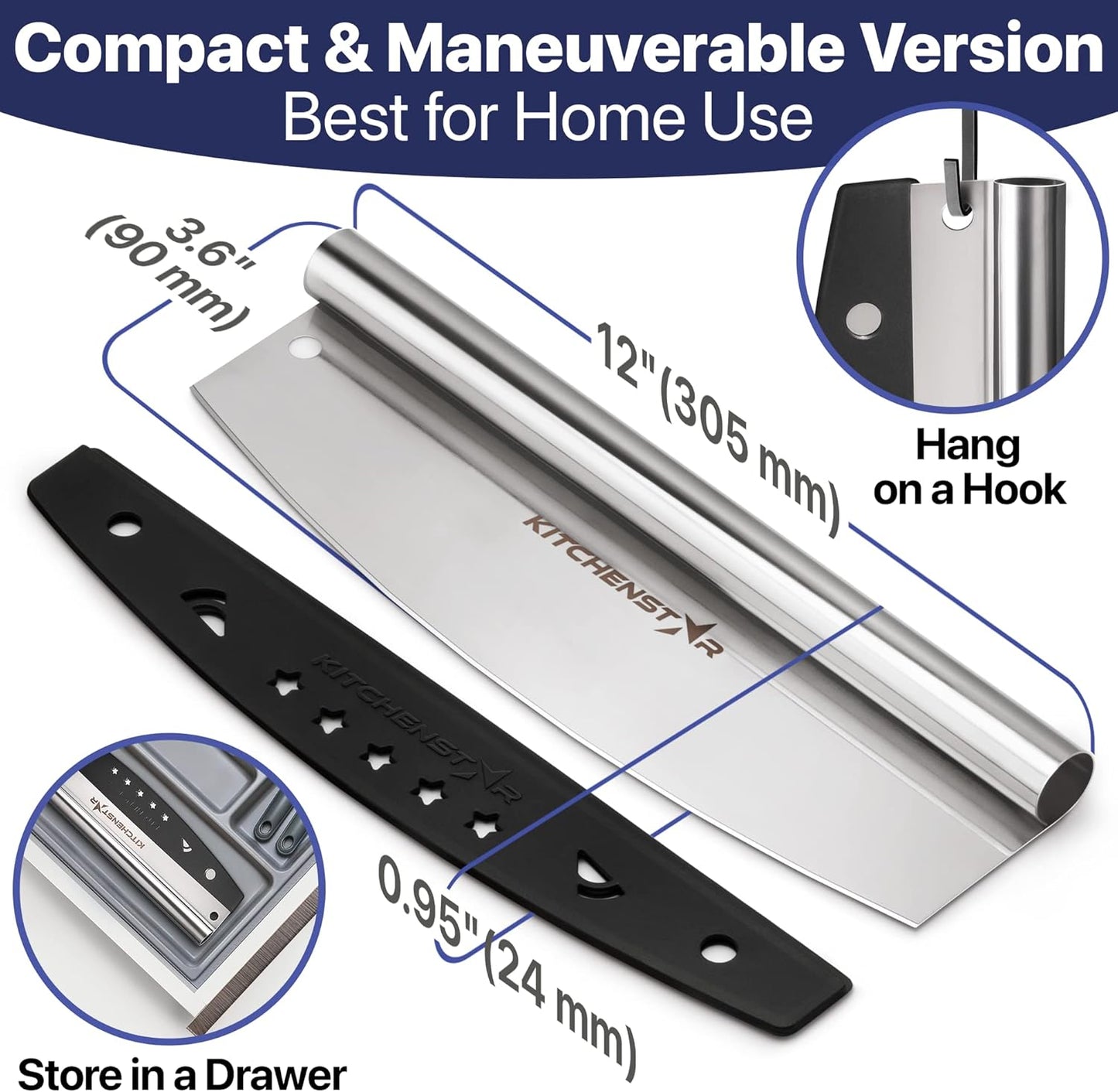 12" Pizza Making Kit (Set of 2) - 12" Pizza Cutter Rocker Knife with Blade Cover + 9.5" Stainless Steel Pizza Peel with Folding Handle- Ultimate Pizza Oven Accessories