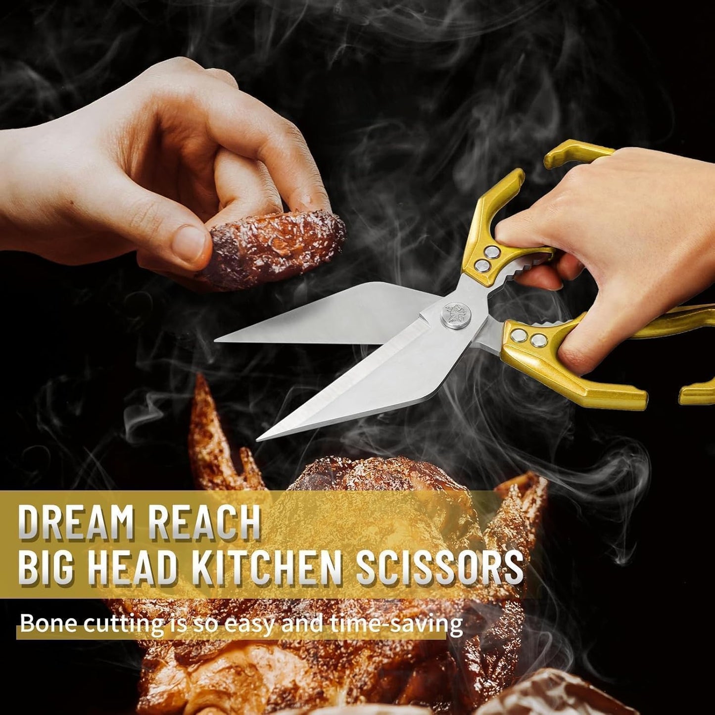 Dream Reach Heavy Duty Poultry Shears Kitchen Scissors for Food with Ergonomic Handle, Japanese High-Carbon Steel Cooking Scissors for Kitchen, Chicken, Meat, Seafood, Bone Cutting (Gold)