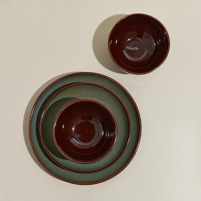 24 Piece Double Bowl Dinnerware Sets with Pasta Bowls, Highly Chip and Crack Resistant Plates and Bowls Sets, Natural Earthyware Ceramic Dishware Sets, Service for 6 Sage Green