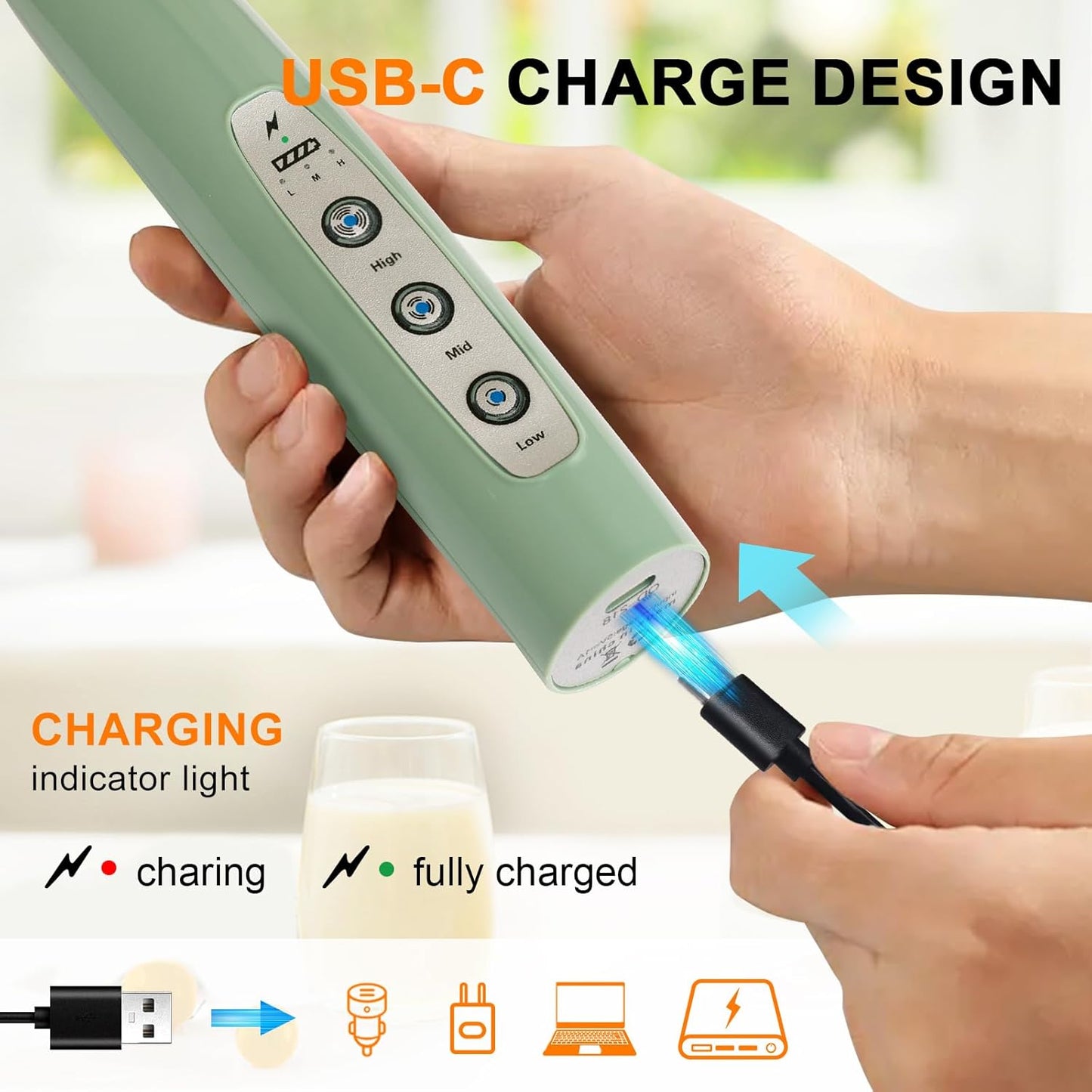 YUSWKO Granite Green Handheld Milk Frother Wand for Coffee, Rechargeable Electric Whisk with 3 Heads 3 Speeds Drink Mixer Coffee Frother For Latte, Cappuccino, Hot Chocolate, Egg