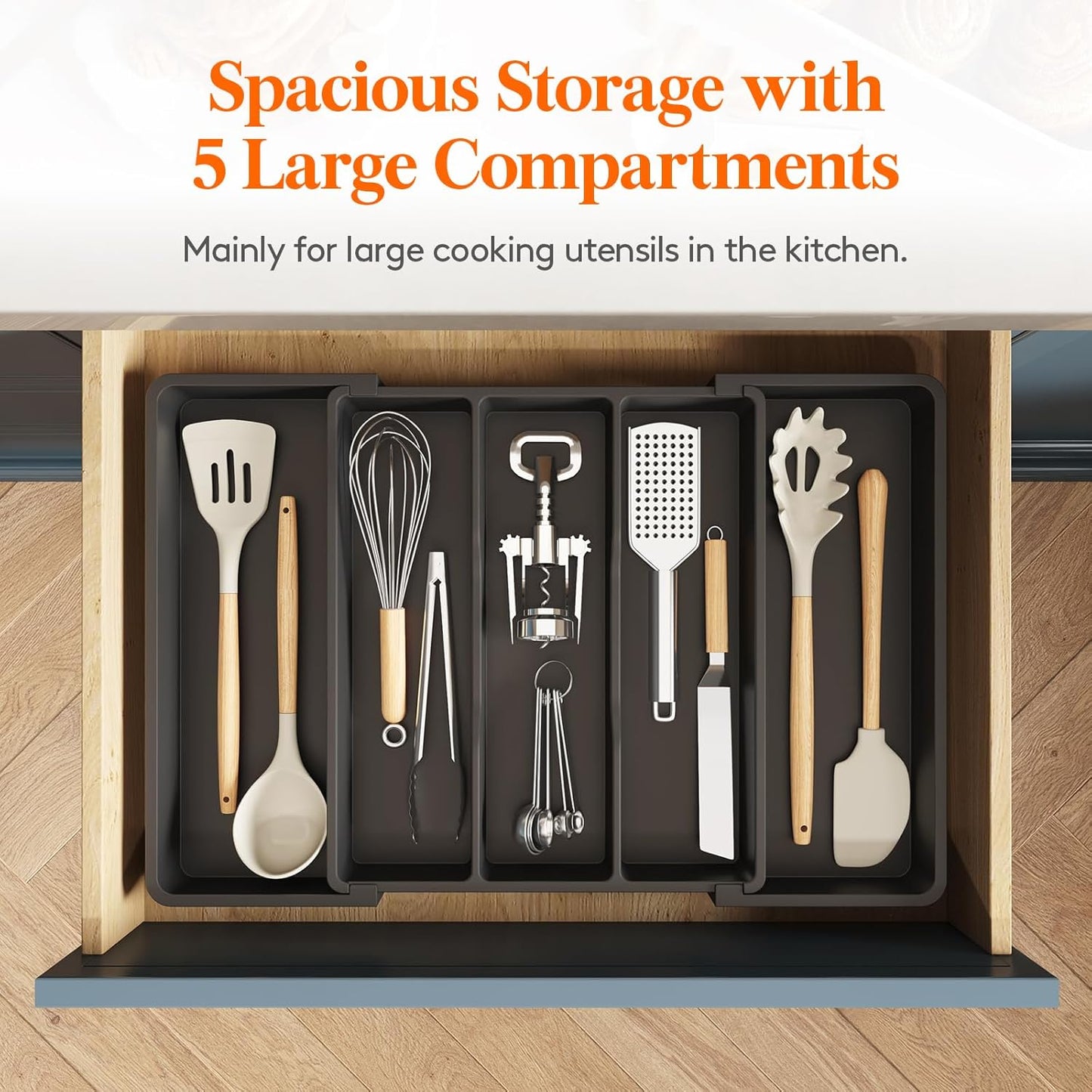 Lifewit Cooking Utensil Drawer Organizer, Expandable from 13 to 22.4 inches, Adjustable Cutlery Silverware Tray, Plastic Flatware Spatula Holder, Kitchen Tools Gadgets Storage Divider, Black