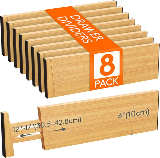 Lifewit 8 Pack Drawer Dividers Bamboo 4" High, 12-17" Adjustable Drawer Organizers for Clothes, Expandable Dresser Separators in Bedroom/Bathroom/Kitchen/Fridge/Office Organization and Storage