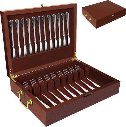 Silverware Storage Box Solid Wood with Lid, Silverware Organizer with Handle and Felt Lined, Silverware Storage Chest for Flatware and Utensils Home Decor Gift, Chest for Flatware Setting Up 15