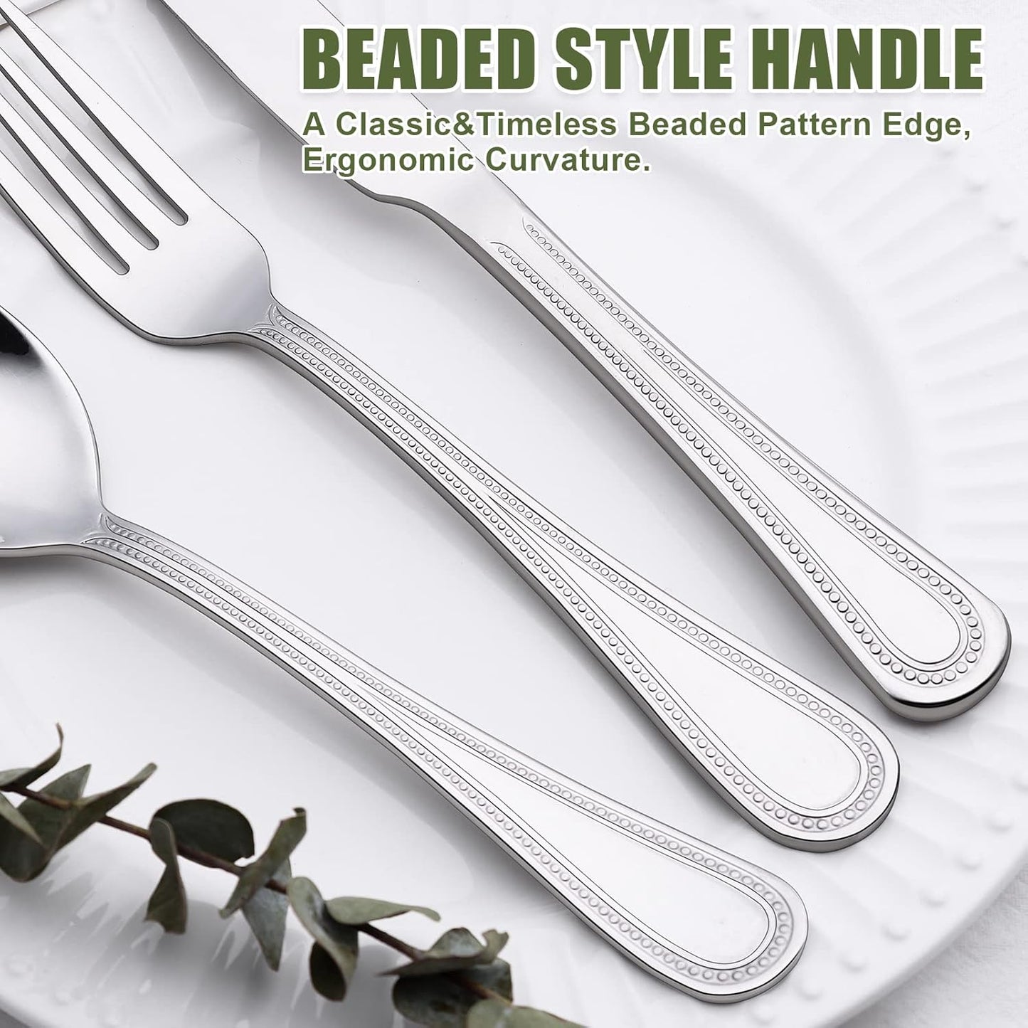 60-Piece Silverware Set for 12, Stainless Steel Flatware, Mirror Polished Cutlery Set, Utensils Include Spoons, Forks, Knives for Home, Restaurant, Beaded Handle, Dishwasher Safe
