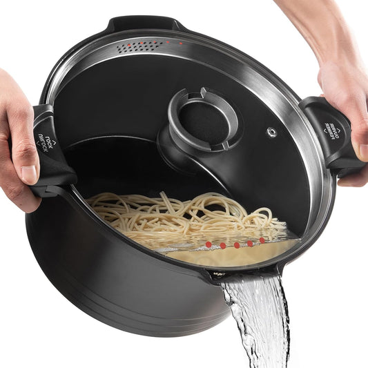 8.5qt Pasta Pot with Strainer Lid, Cast Aluminum Stockpot Multipot, Nonstick Ceramic Coating make Cleanup easy with Tempered Glass Lid, Dishwasher Safe, Induction, Black (Black, 8.5 Quarts)