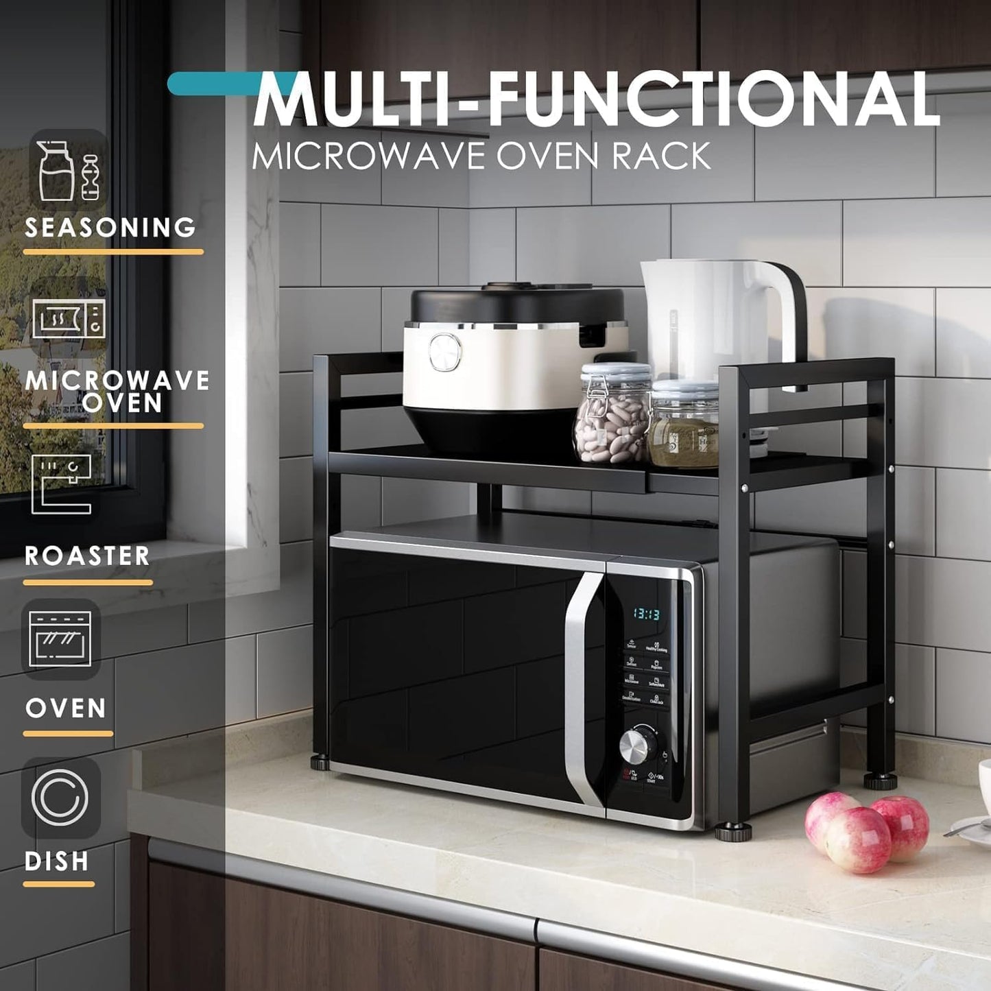 DOLALIKE Microwave Oven Rack, Expandable Microwave Stand Countertop Kitchen Utensils Tableware Storage, Carbon Steel Over Microwave Shelf Countertop with 3 Hooks