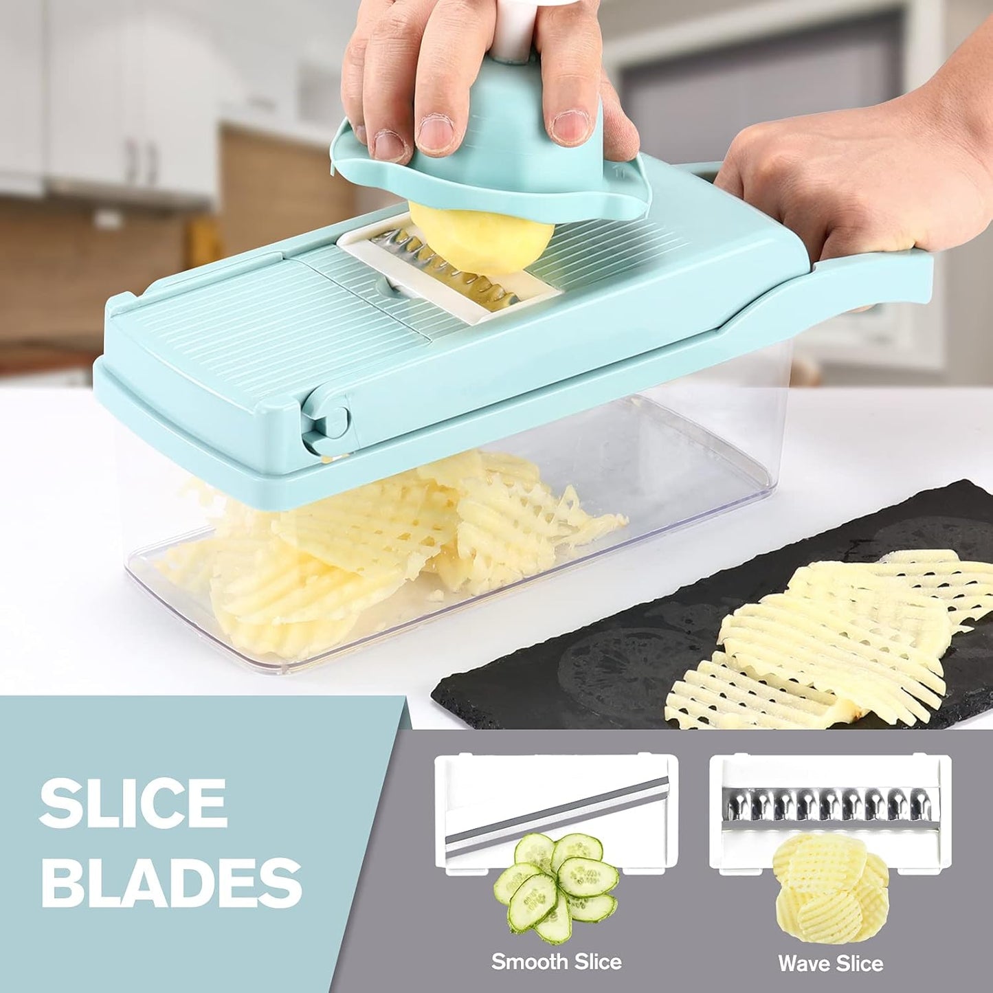 KEOUKE Vegetable Chopper Mandoline Slicer Blue - 12 in 1 Interchangeable Blades Food Chopper with Container, Hand Guard & Drainer, Veggie Dicer Kitchen Gadget for Onion, Cucumber, Tomato, Fruit