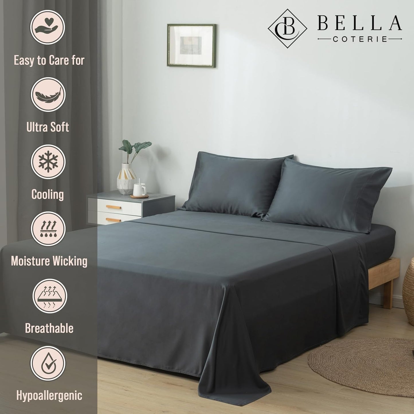 Bella Coterie Luxury Bamboo Viscose Full Size Sheet Set | 100% Organically Grown | Ultra Soft | Cooling for Hot Sleepers | 18" Deep Pocket [Charcoal Grey]