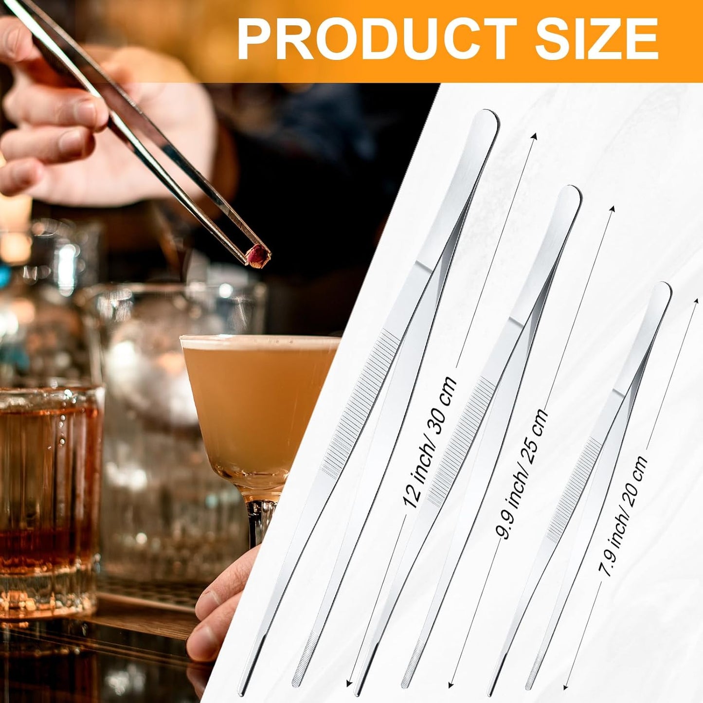 Yaomiao 4 Packs 10 Inch 12 Inch Bar Tweezers Silver Long Garnish Tongs Stainless Steel Kitchen Cooking Tongs Tweezers for Food Cocktail Korean BBQ Bartender Chef, Multi-use