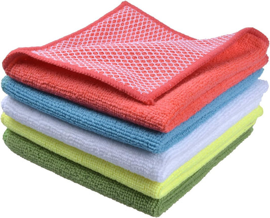 SINLAND 5 Color Assorted Microfiber Dish Cloth Towels Best Kitchen Cloths Cleaning Cloths with Poly Scour Side 12"x12" 5Pack (Pink+Blue+White+Yellow+Green)